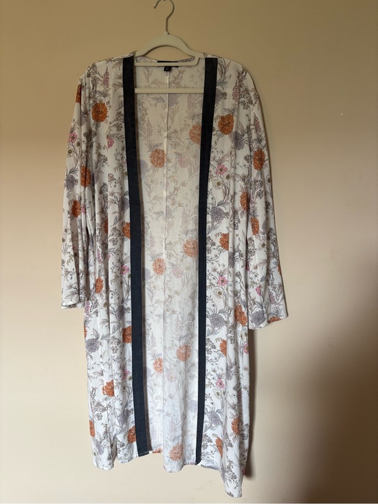 Ann Taylor Tops - Ann Taylor Floral Open-Front Kimono Tunic - White, Orange & Gray